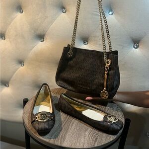 Michael Kors Brown Monogram Bag and Flats Set